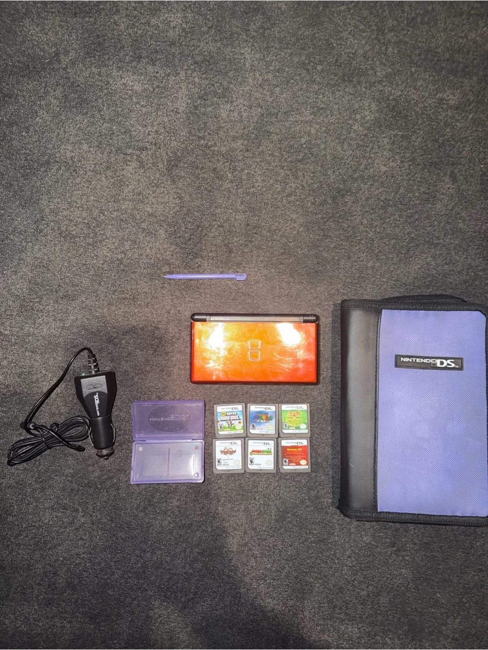 Nintendo DS Lite Crimson Red & Black Lot with 6 Games (Mario, Kingdom Hearts)